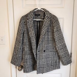 Talbots Plaid Black White Pea Coat Size 14P Wool Blend #U740